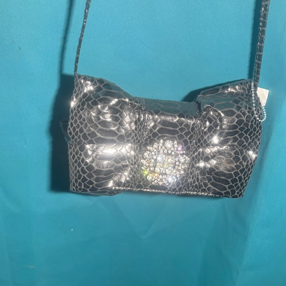 IMAN Black Croc-Embossed Clutch with Crystal Detail